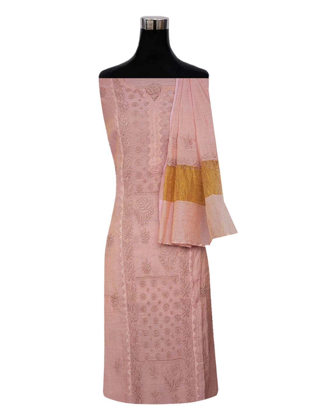 Ada Hand Embroidered Dark Peach Tissue Lucknowi Chikankari Semi stitched Kurta Dupatta Set 01A623210