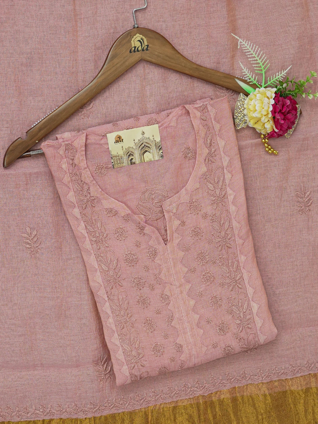 Ada Hand Embroidered Dark Peach Tissue Lucknowi Chikankari Semi stitched Kurta Dupatta Set 01A623210