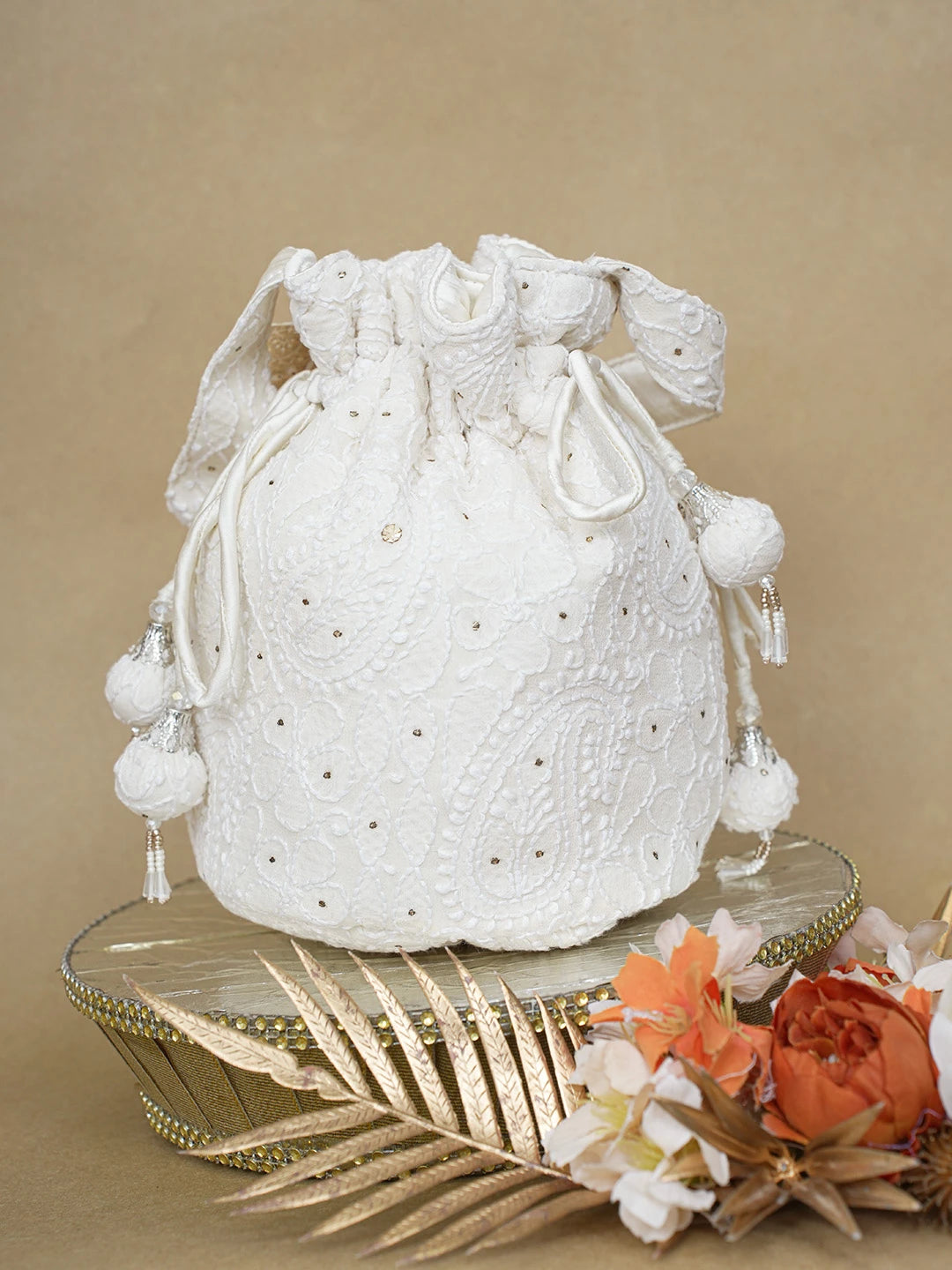 Ada Hand Embroidered White Pure Georgette Lucknowi Chikankari Potli Bag With Muqaish Work 01A607157
