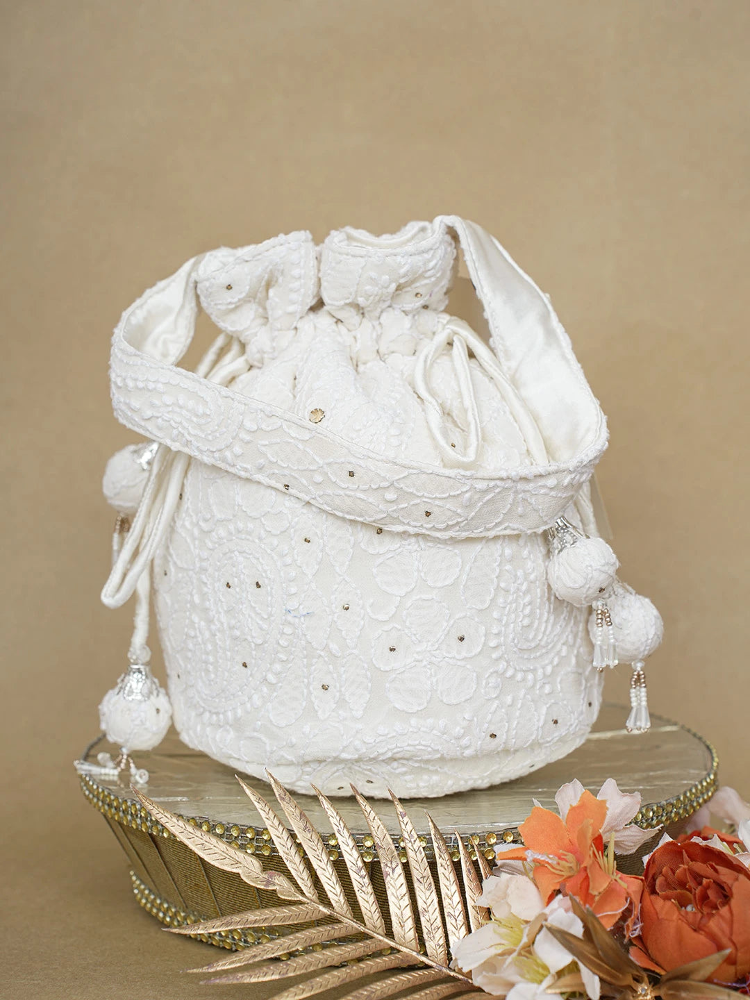 Ada Hand Embroidered White Pure Georgette Lucknowi Chikankari Potli Bag With Muqaish Work 01A607157