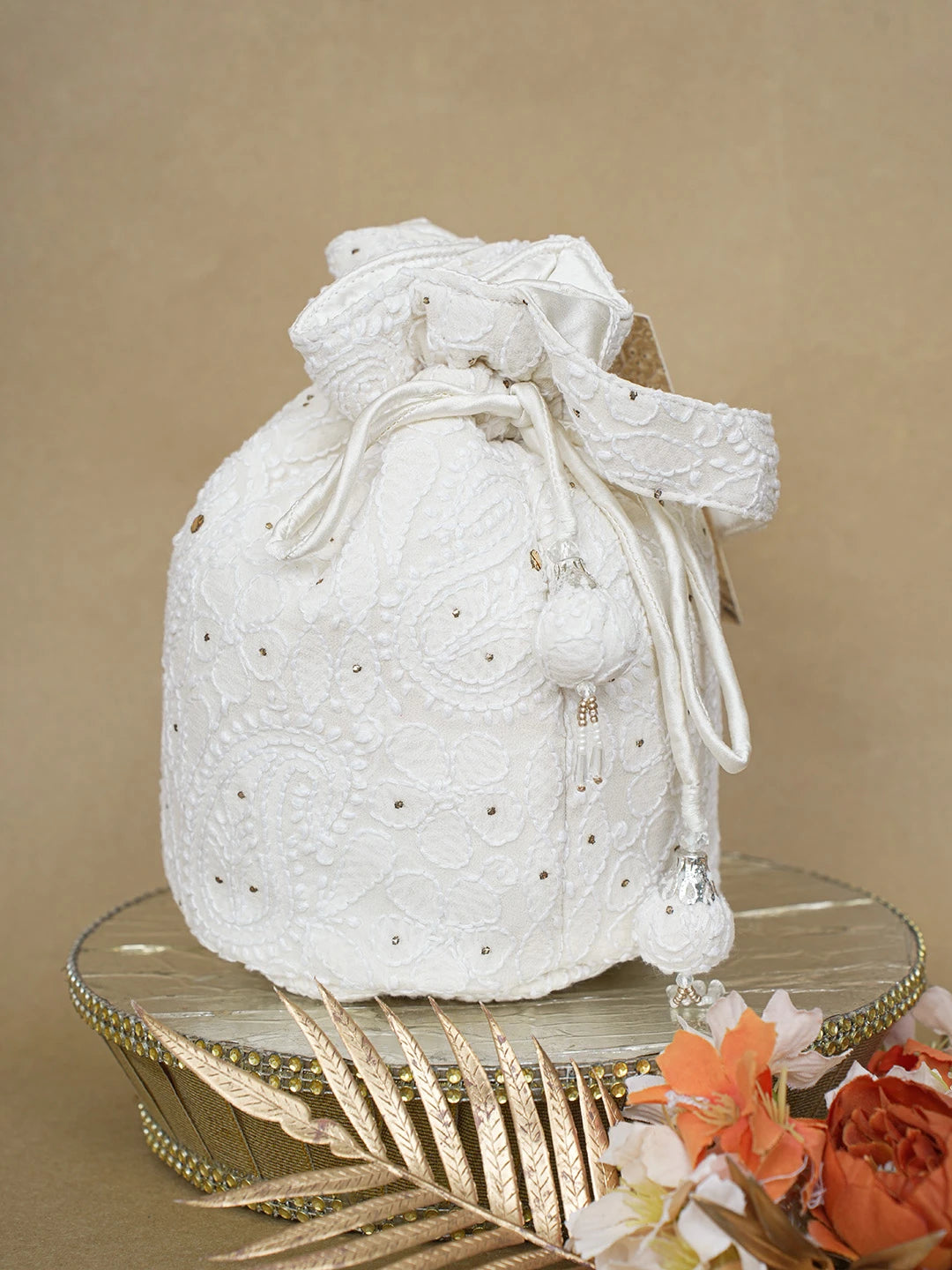 Ada Hand Embroidered White Pure Georgette Lucknowi Chikankari Potli Bag With Muqaish Work 01A607157