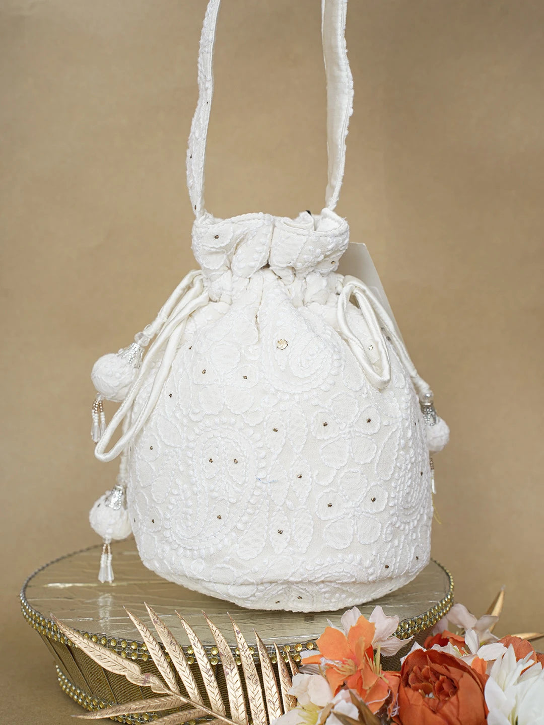 Ada Hand Embroidered White Pure Georgette Lucknowi Chikankari Potli Bag With Muqaish Work 01A607157