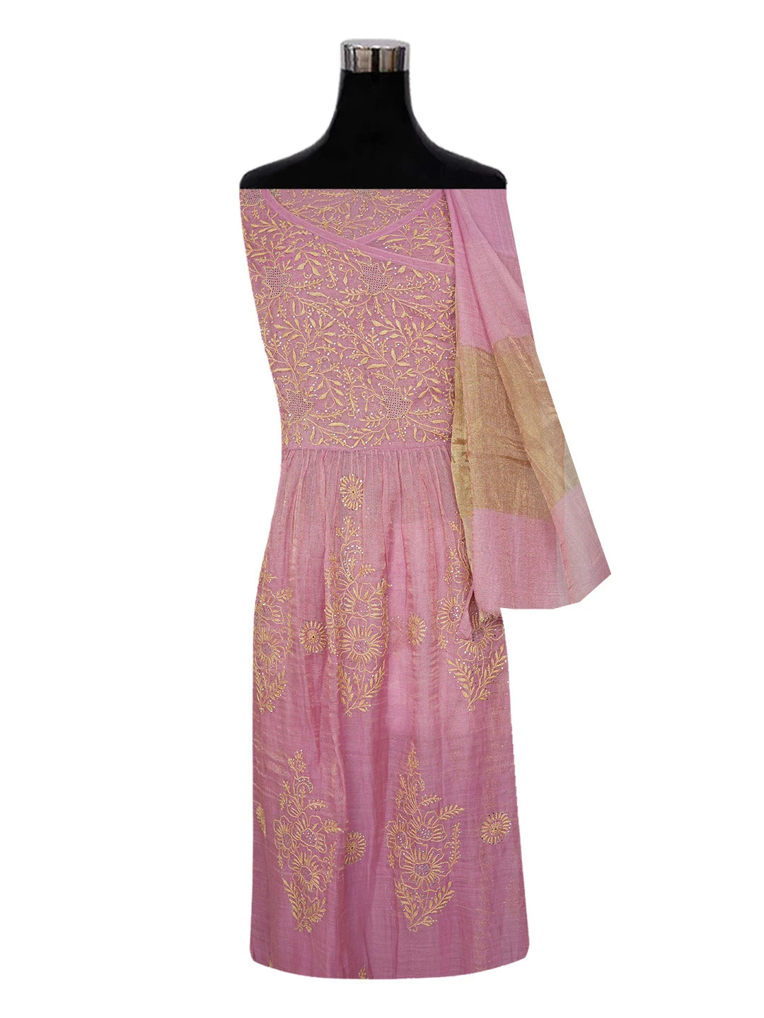 Ada Hand Embroidered Onion Pink Tissue Lucknowi Chikankari Semi-stitched Kurta Dupatta Set With Zari Work 01A609487