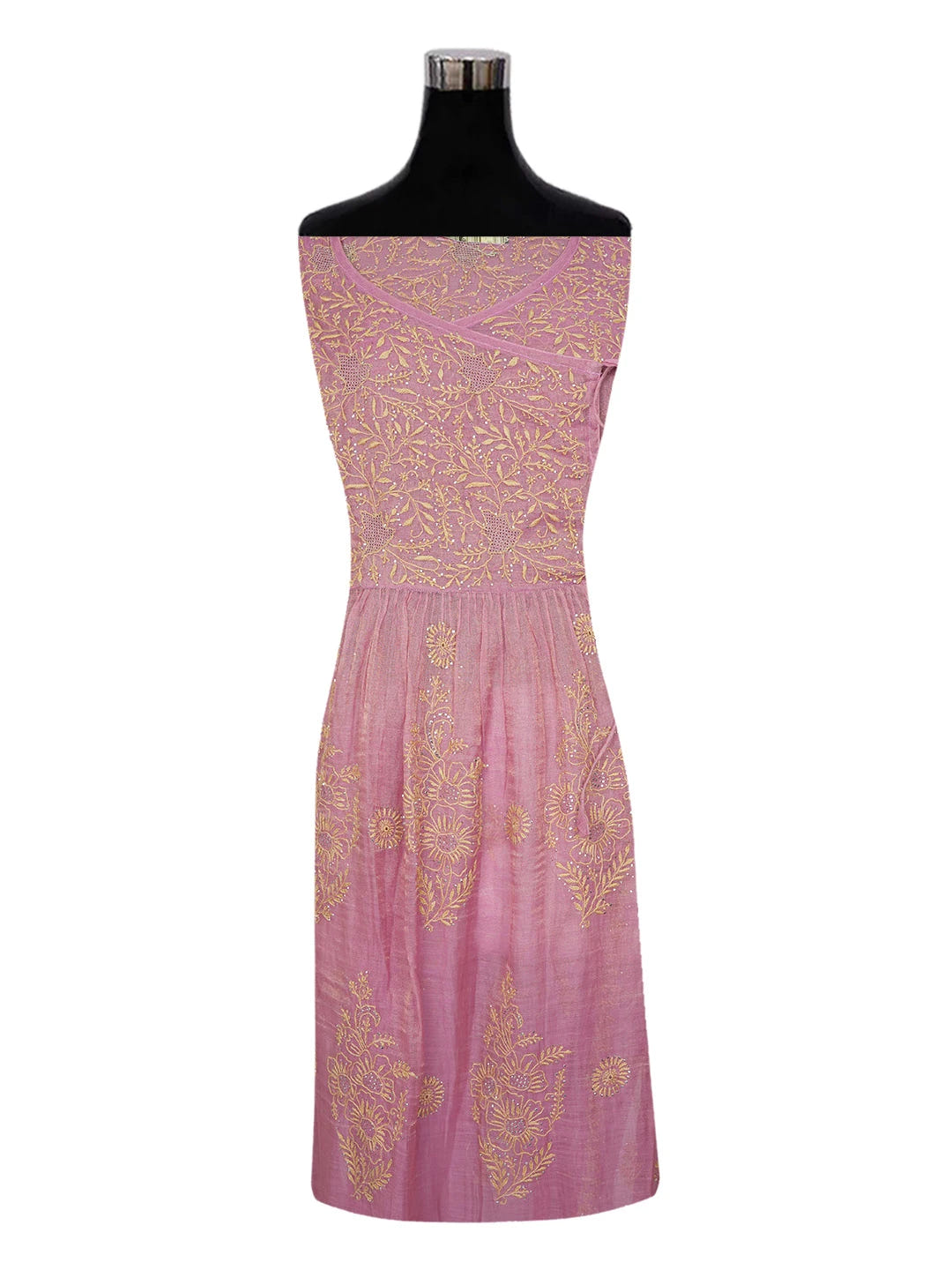 Ada Hand Embroidered Onion Pink Tissue Lucknowi Chikankari Semi-stitched Kurta Dupatta Set With Zari Work 01A609487