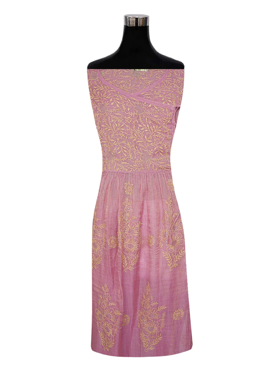 Ada Hand Embroidered Onion Pink Tissue Lucknowi Chikankari Semi-stitched Kurta Dupatta Set With Zari Work 01A609487
