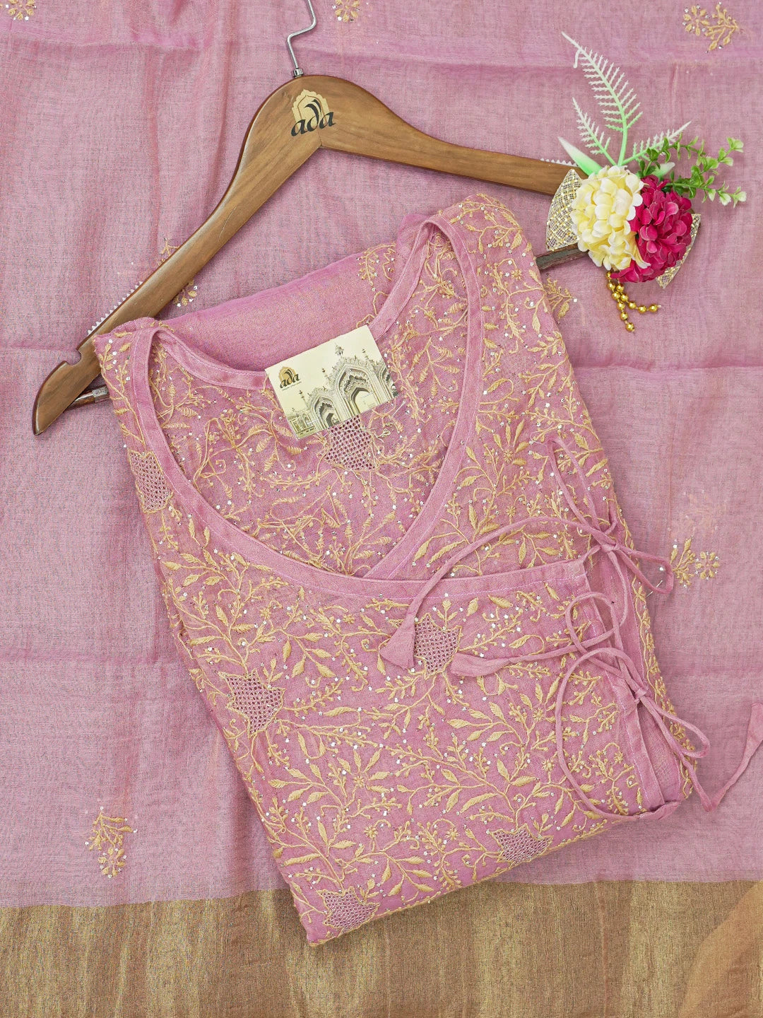Ada Hand Embroidered Onion Pink Tissue Lucknowi Chikankari Semi-stitched Kurta Dupatta Set With Zari Work 01A609487