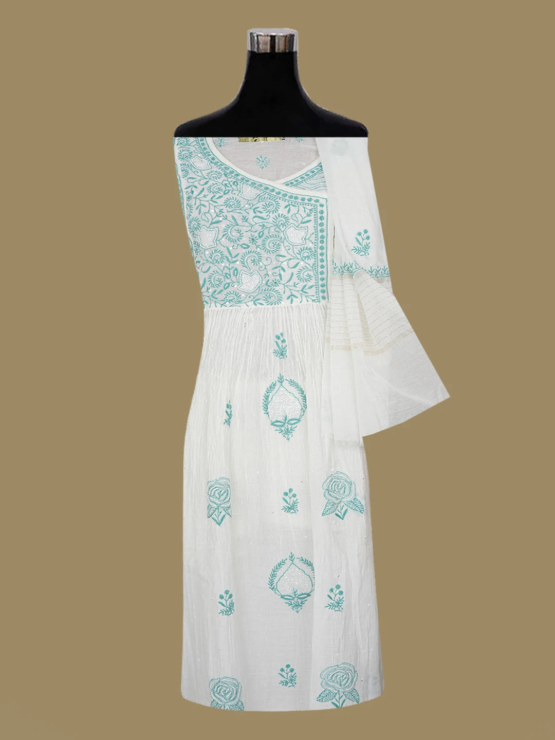 Ada Hand Embroidered White Chanderi Lucknowi Chikankari Semi-stitched Kurta Dupatta Set with Cutdana and Sequinned Work 01A612136