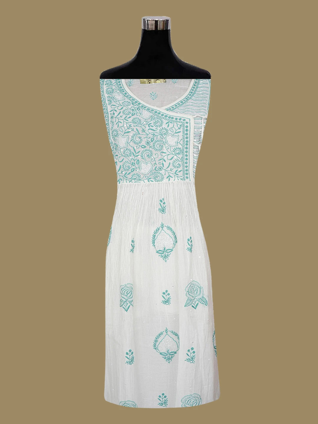 Ada Hand Embroidered White Chanderi Lucknowi Chikankari Semi-stitched Kurta Dupatta Set with Cutdana and Sequinned Work 01A612136