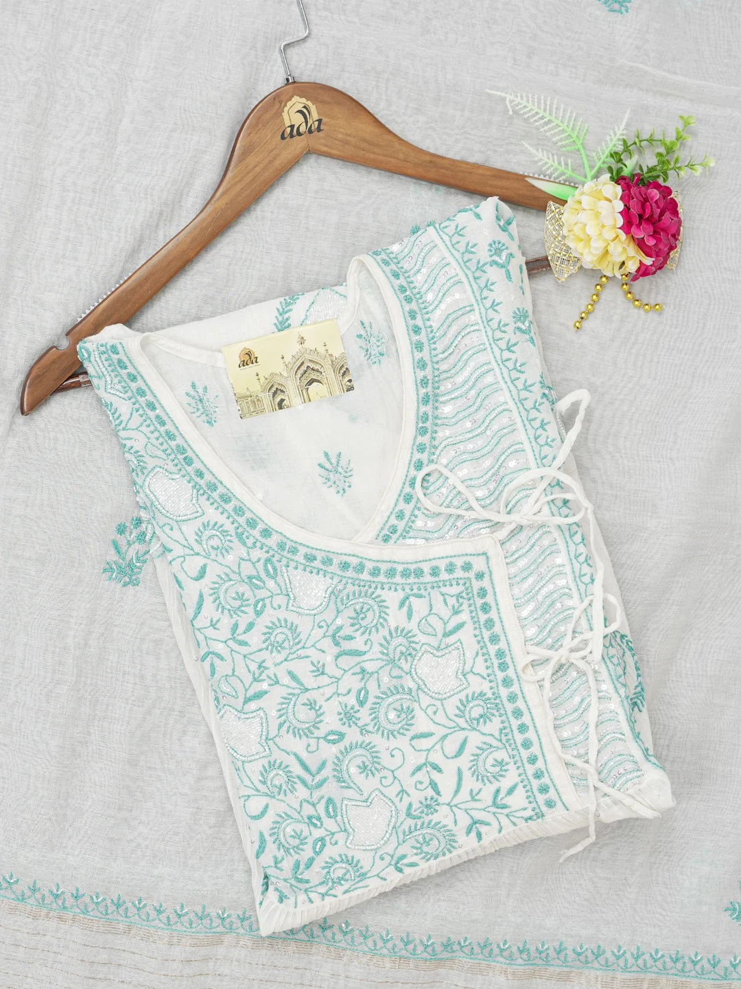 Ada Hand Embroidered White Chanderi Lucknowi Chikankari Semi-stitched Kurta Dupatta Set with Cutdana and Sequinned Work 01A612136