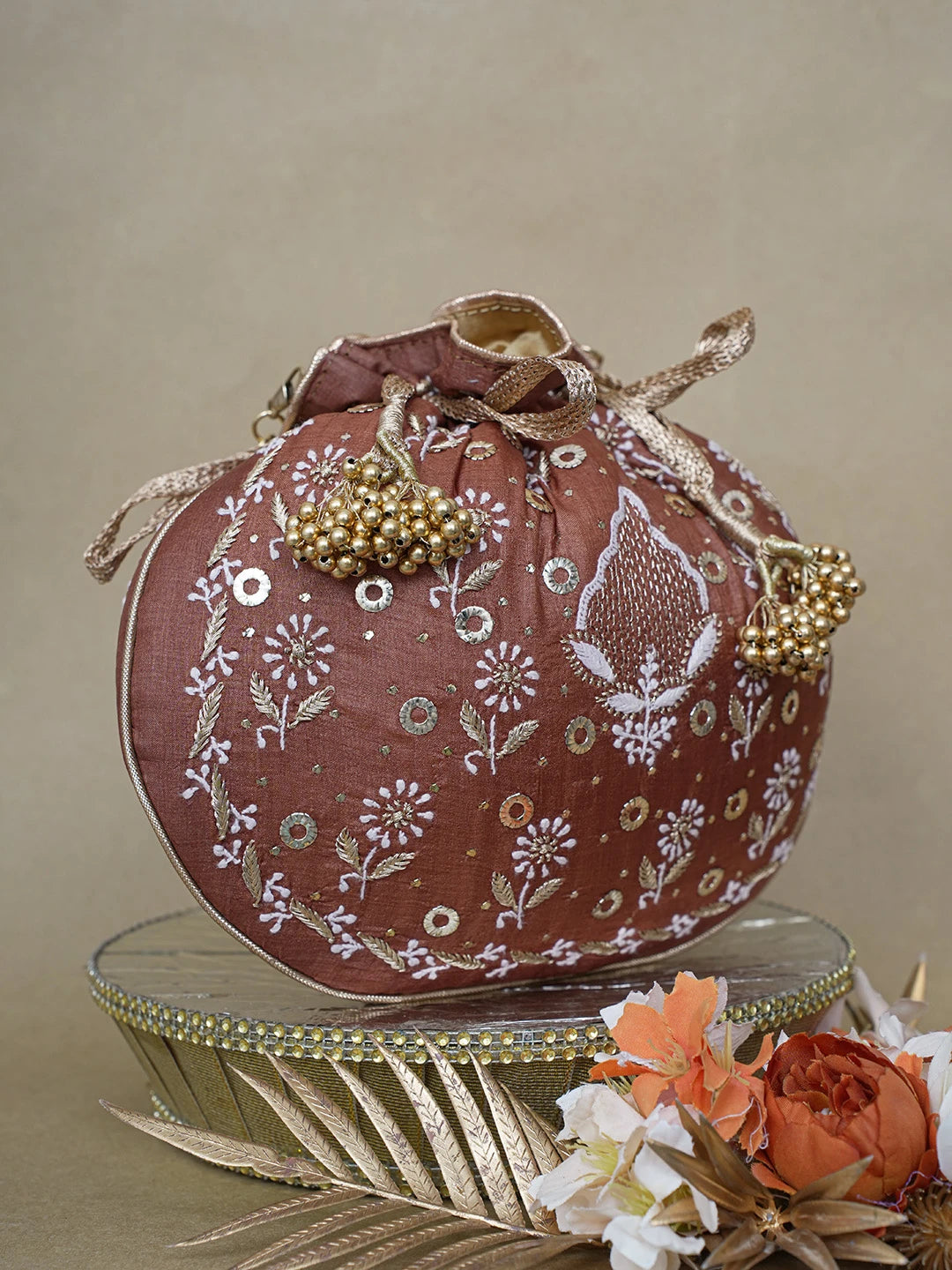 Ada Hand Embroidered Brown Silk Lucknowi Chikankari Potli Bag With Zari Work 01A626559