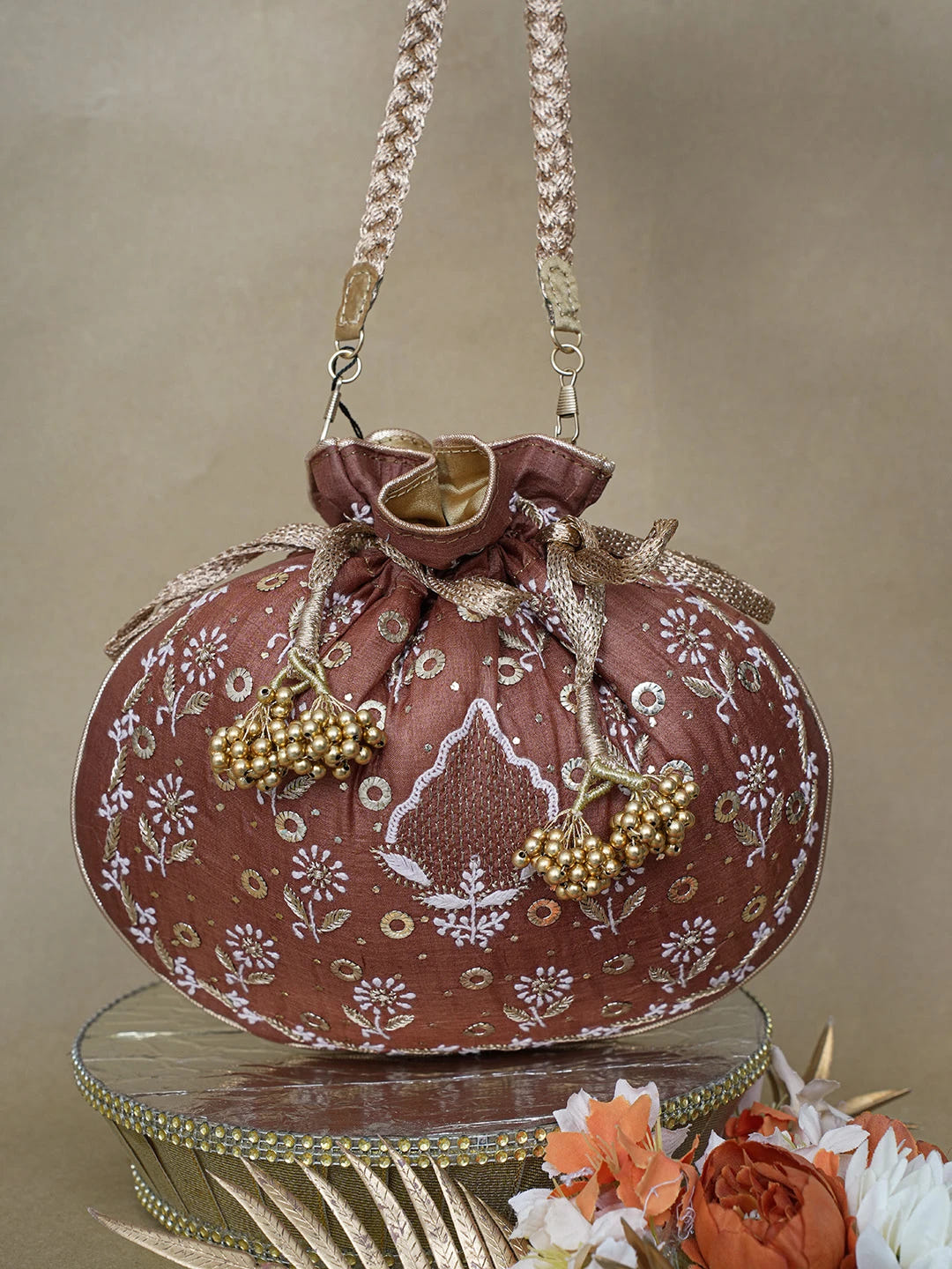 Ada Hand Embroidered Brown Silk Lucknowi Chikankari Potli Bag With Zari Work 01A626559