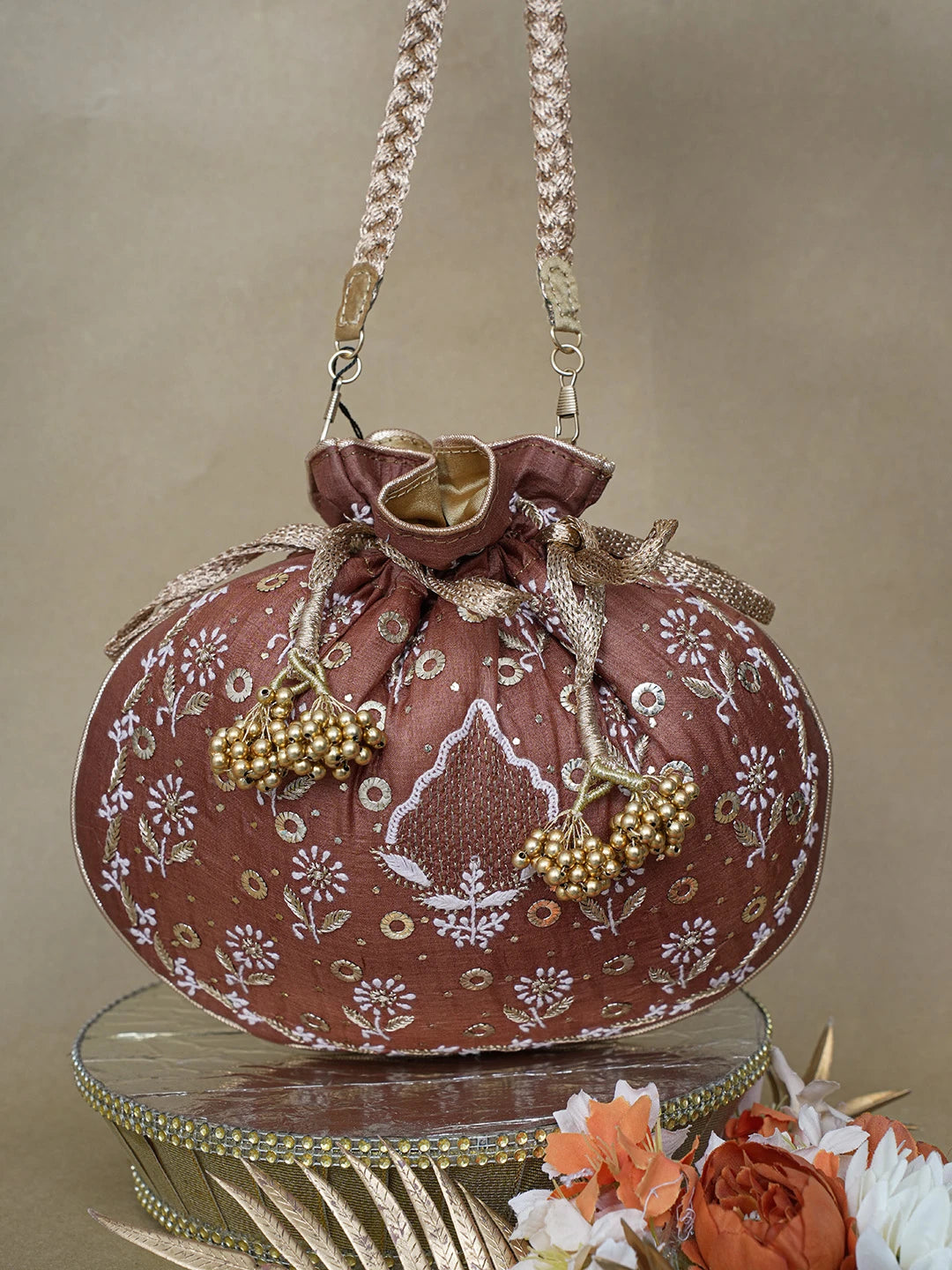Ada Hand Embroidered Brown Silk Lucknowi Chikankari Potli Bag With Zari Work 01A626559