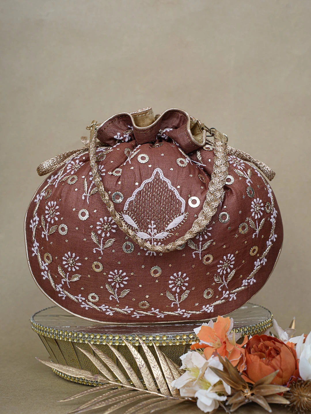 Ada Hand Embroidered Brown Silk Lucknowi Chikankari Potli Bag With Zari Work 01A626559