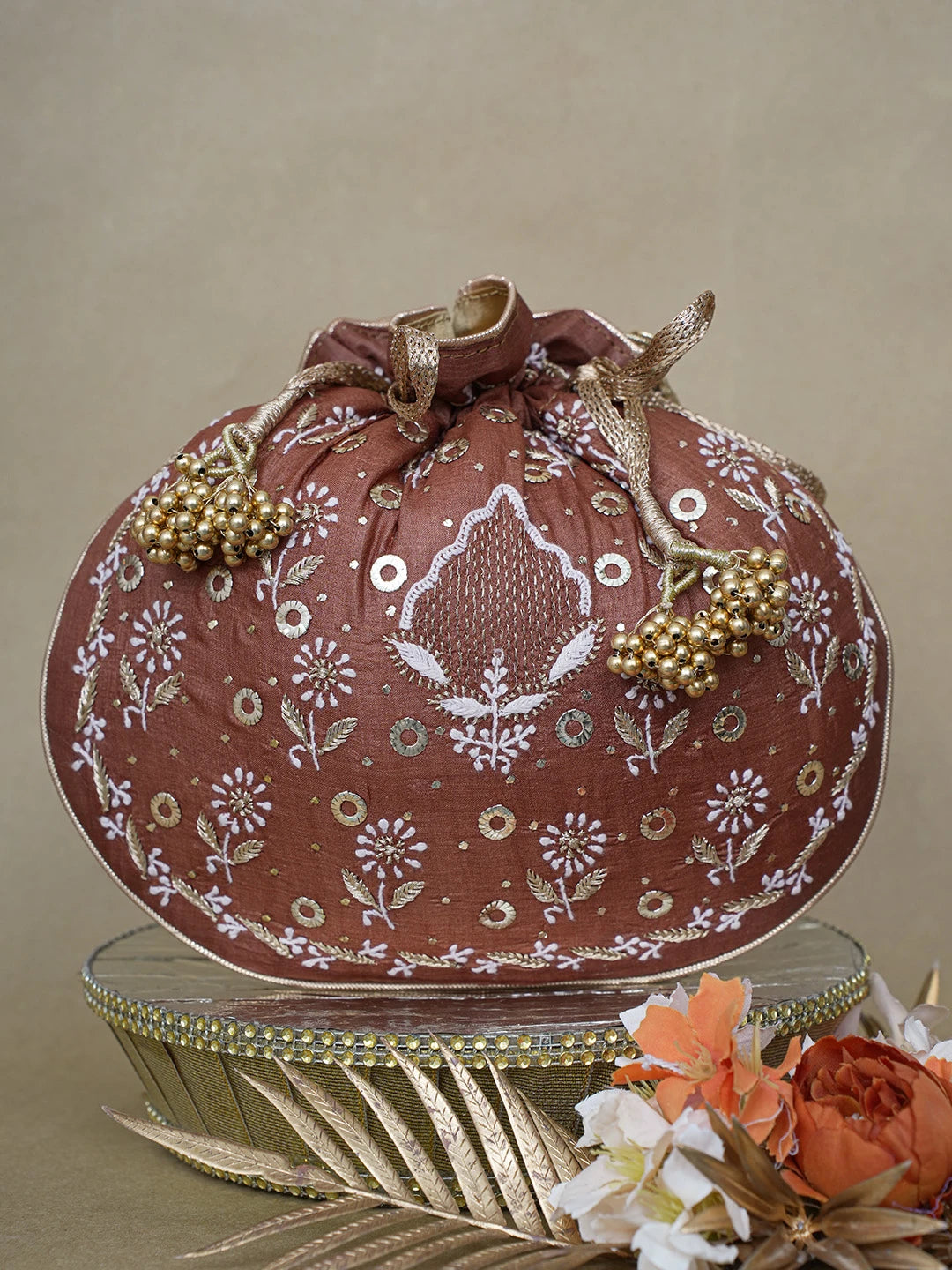 Ada Hand Embroidered Brown Silk Lucknowi Chikankari Potli Bag With Zari Work 01A626559