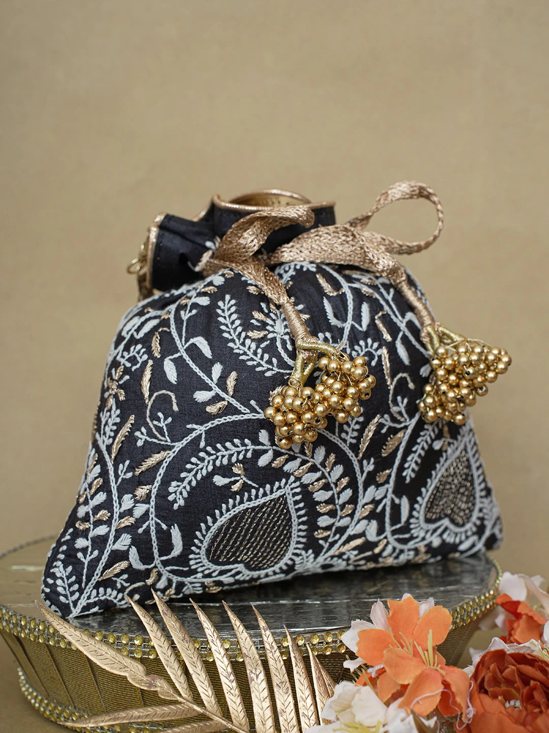 Ada Hand Embroidered Black Silk Lucknowi Chikankari Potli Bag With Zari Work 01A626570