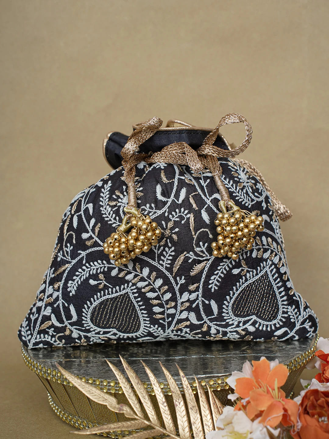 Ada Hand Embroidered Black Silk Lucknowi Chikankari Potli Bag With Zari Work 01A626570