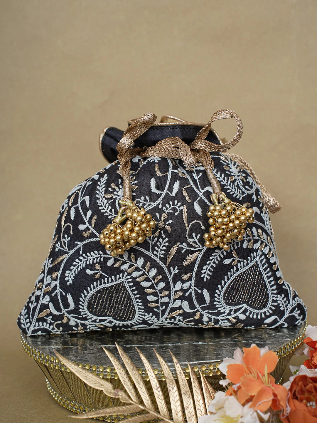 Ada Hand Embroidered Black Silk Lucknowi Chikankari Potli Bag With Zari Work 01A626570