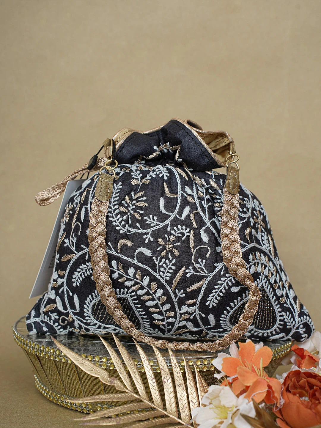 Ada Hand Embroidered Black Silk Lucknowi Chikankari Potli Bag With Zari Work 01A626570