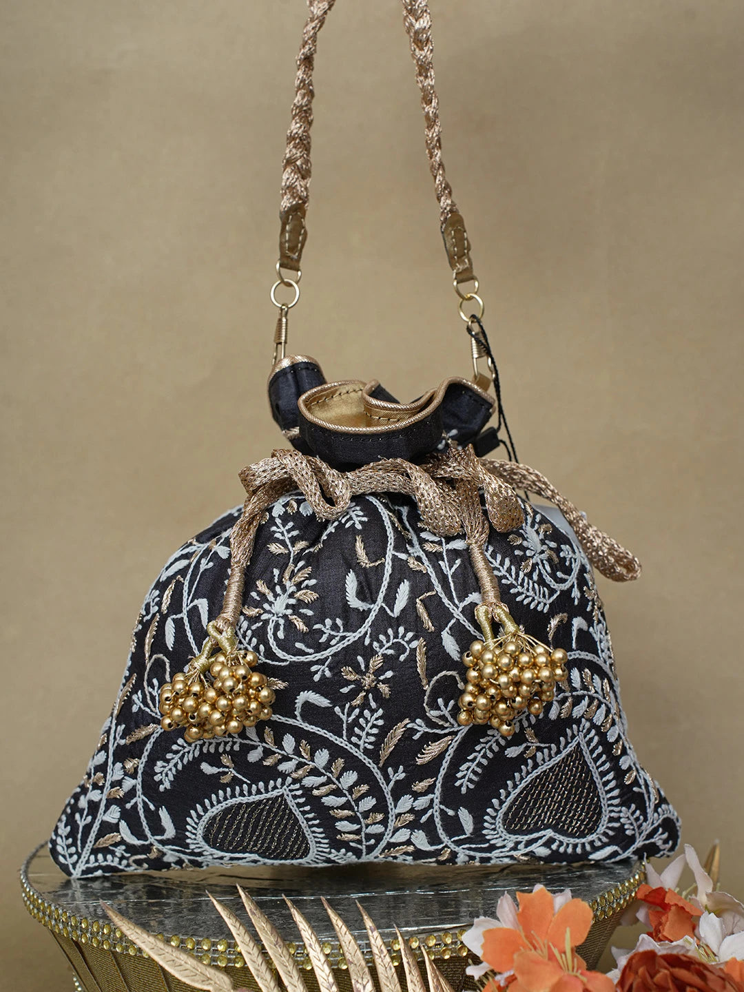 Ada Hand Embroidered Black Silk Lucknowi Chikankari Potli Bag With Zari Work 01A626570