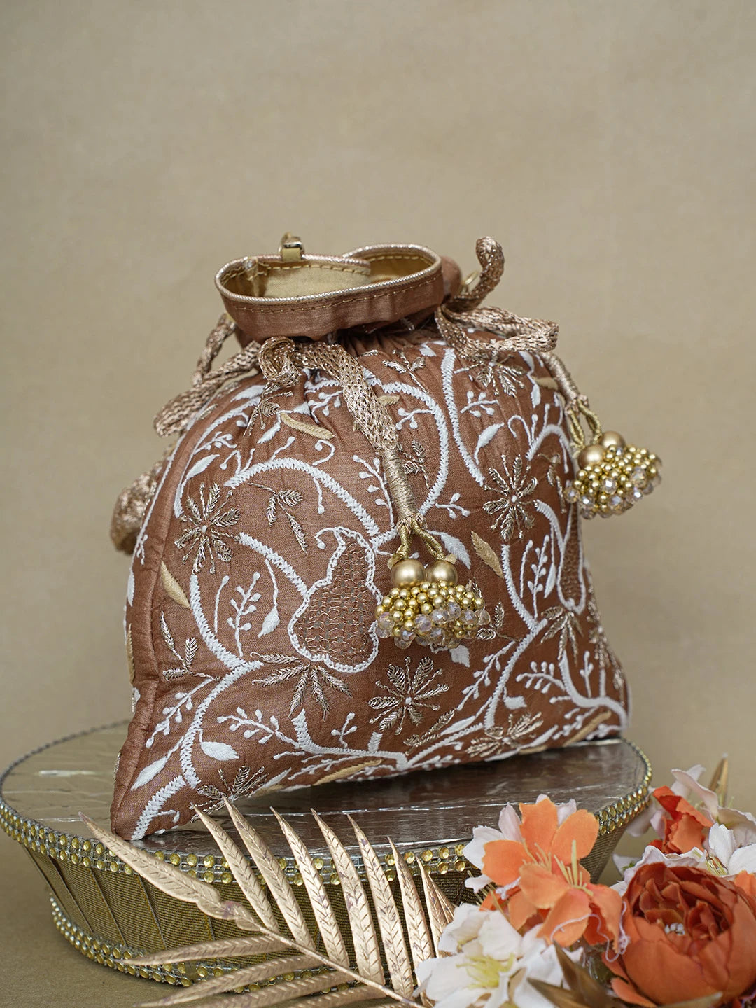 Ada Hand Embroidered Brown Silk Lucknowi Chikankari Potli Bag With Zari Work 01A578157