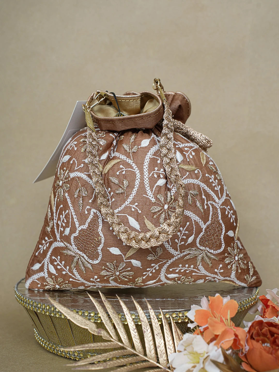 Ada Hand Embroidered Brown Silk Lucknowi Chikankari Potli Bag With Zari Work 01A578157