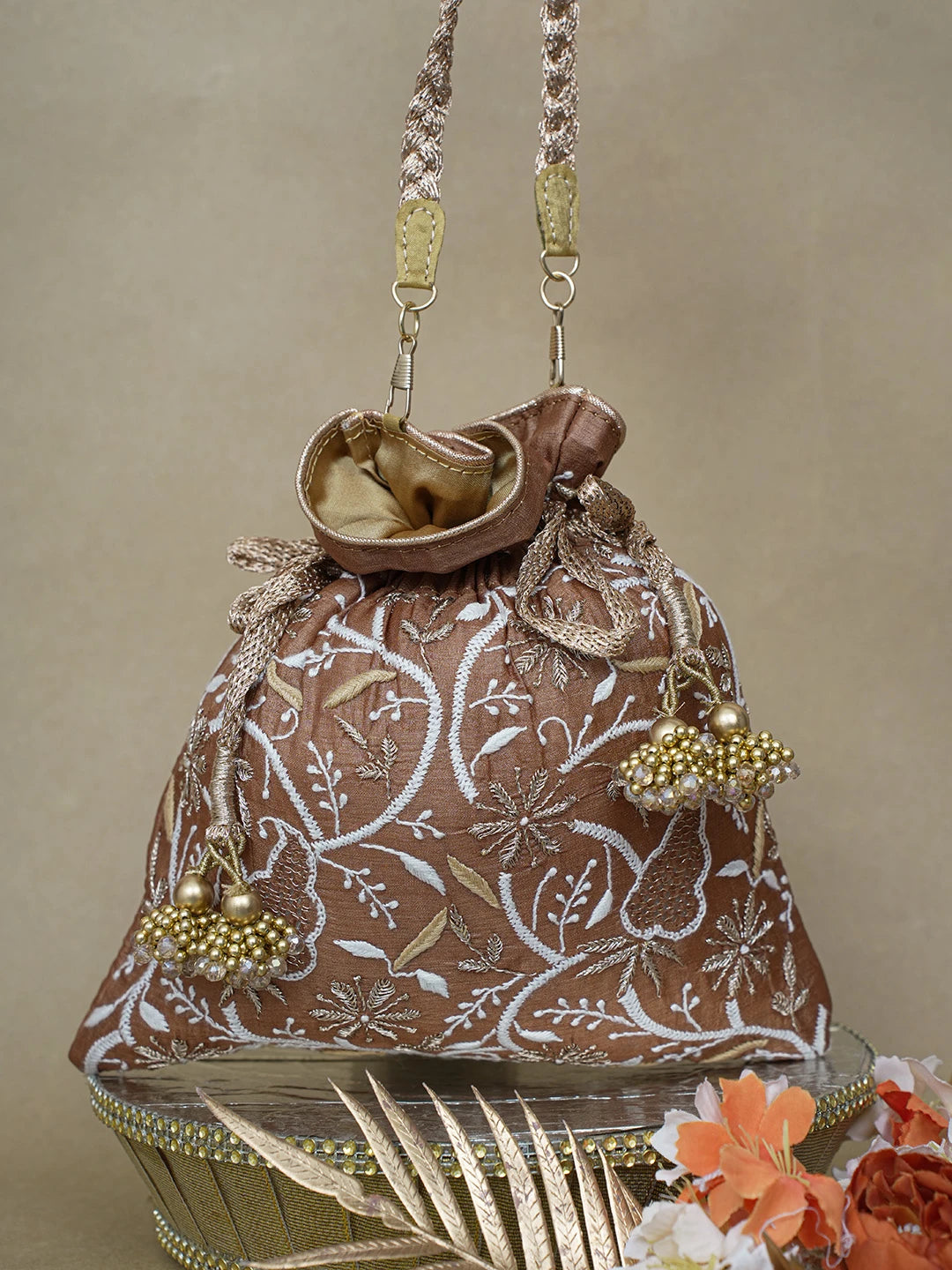 Ada Hand Embroidered Brown Silk Lucknowi Chikankari Potli Bag With Zari Work 01A578157