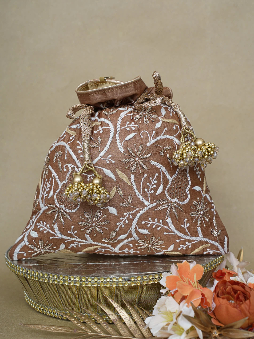 Ada Hand Embroidered Brown Silk Lucknowi Chikankari Potli Bag With Zari Work 01A578157