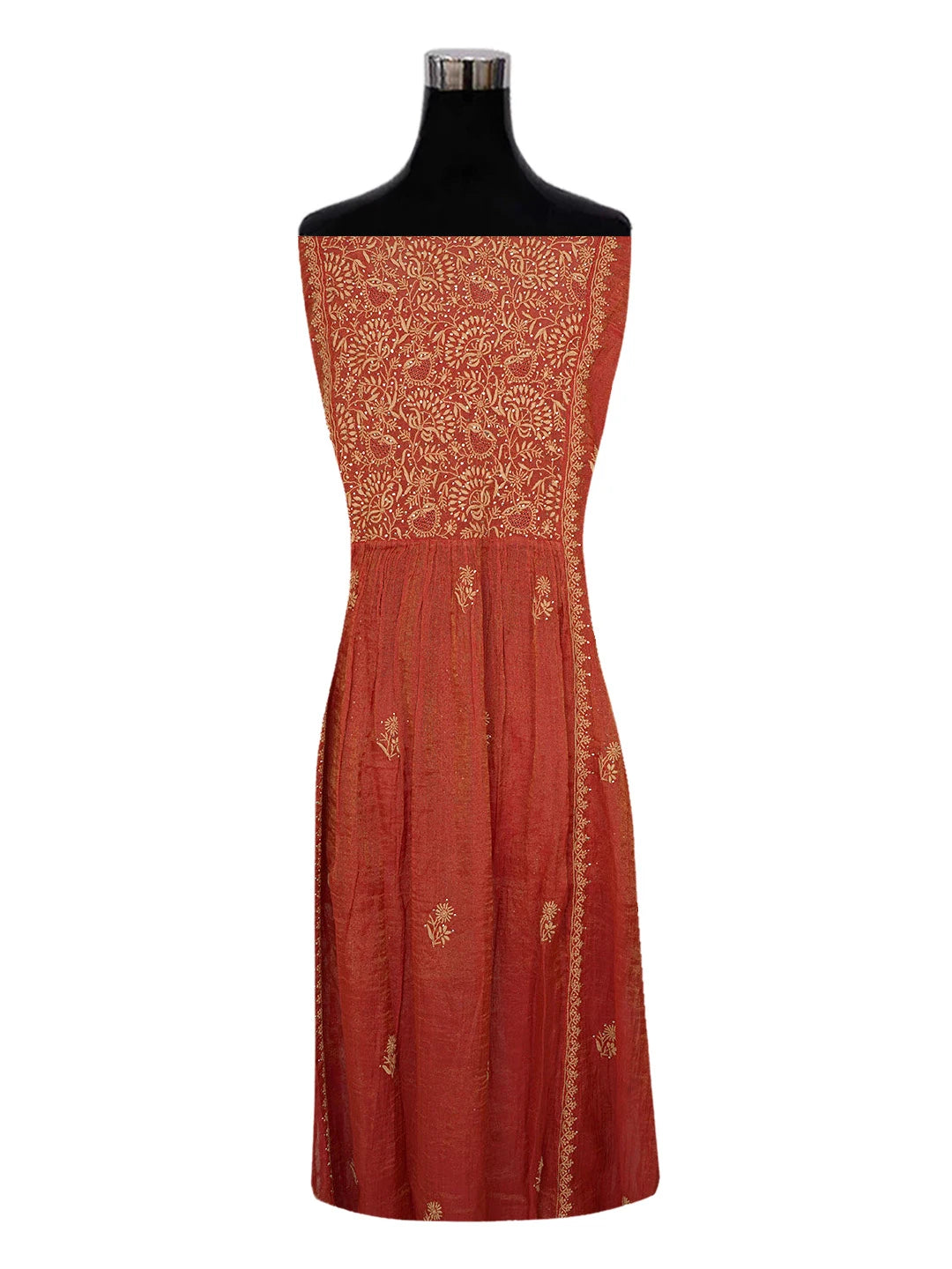 Ada Hand Embroidered Rust Tissue Lucknowi Chikankari Unstitched Kurta Dupatta Set With Muqaish Work 01A475091