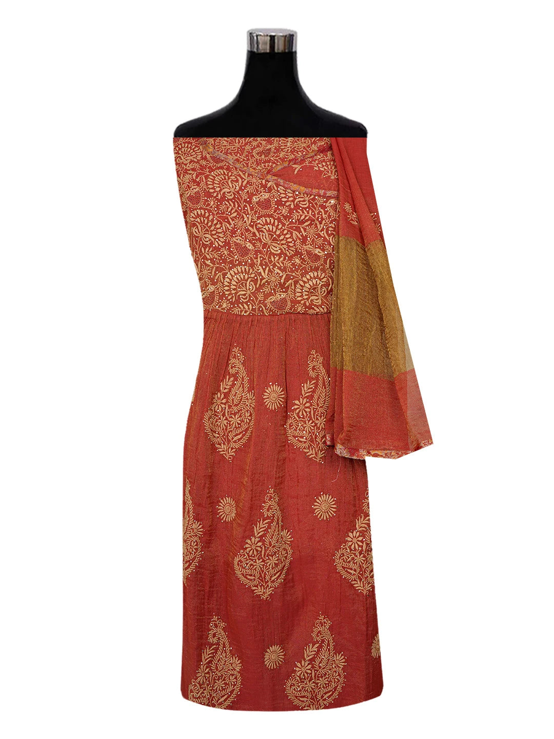 Ada Hand Embroidered Rust Tissue Lucknowi Chikankari Unstitched Kurta Dupatta Set With Muqaish Work 01A475091