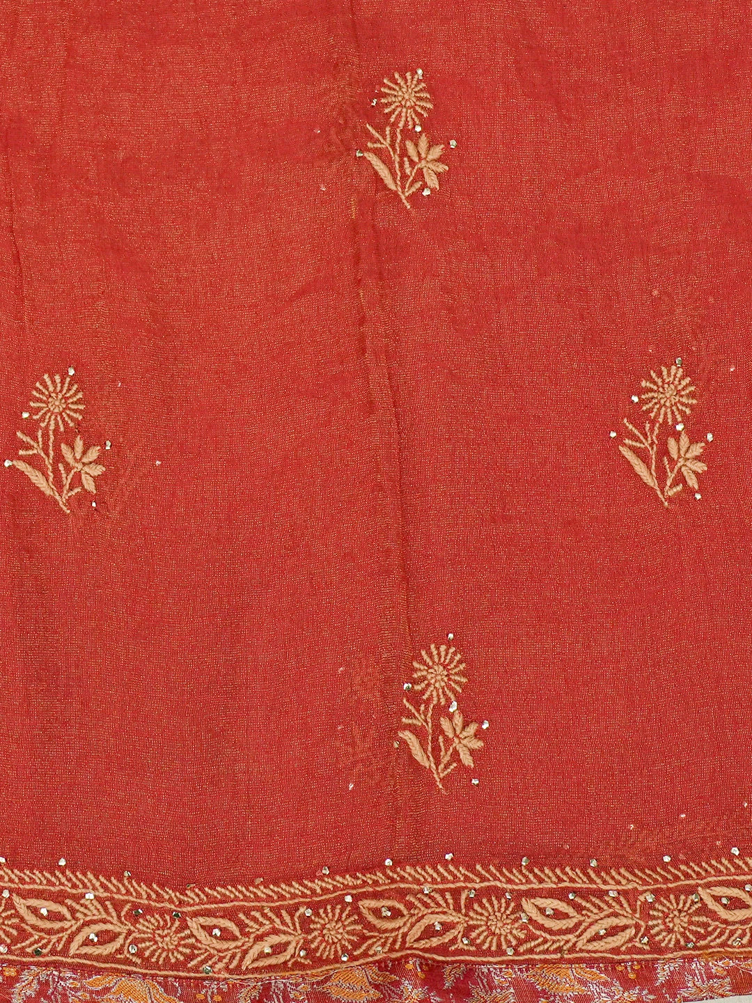 Ada Hand Embroidered Rust Tissue Lucknowi Chikankari Unstitched Kurta Dupatta Set With Muqaish Work 01A475091
