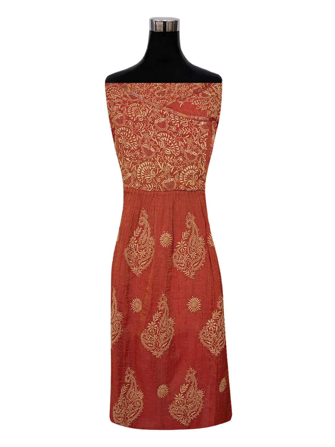 Ada Hand Embroidered Rust Tissue Lucknowi Chikankari Unstitched Kurta Dupatta Set With Muqaish Work 01A475091