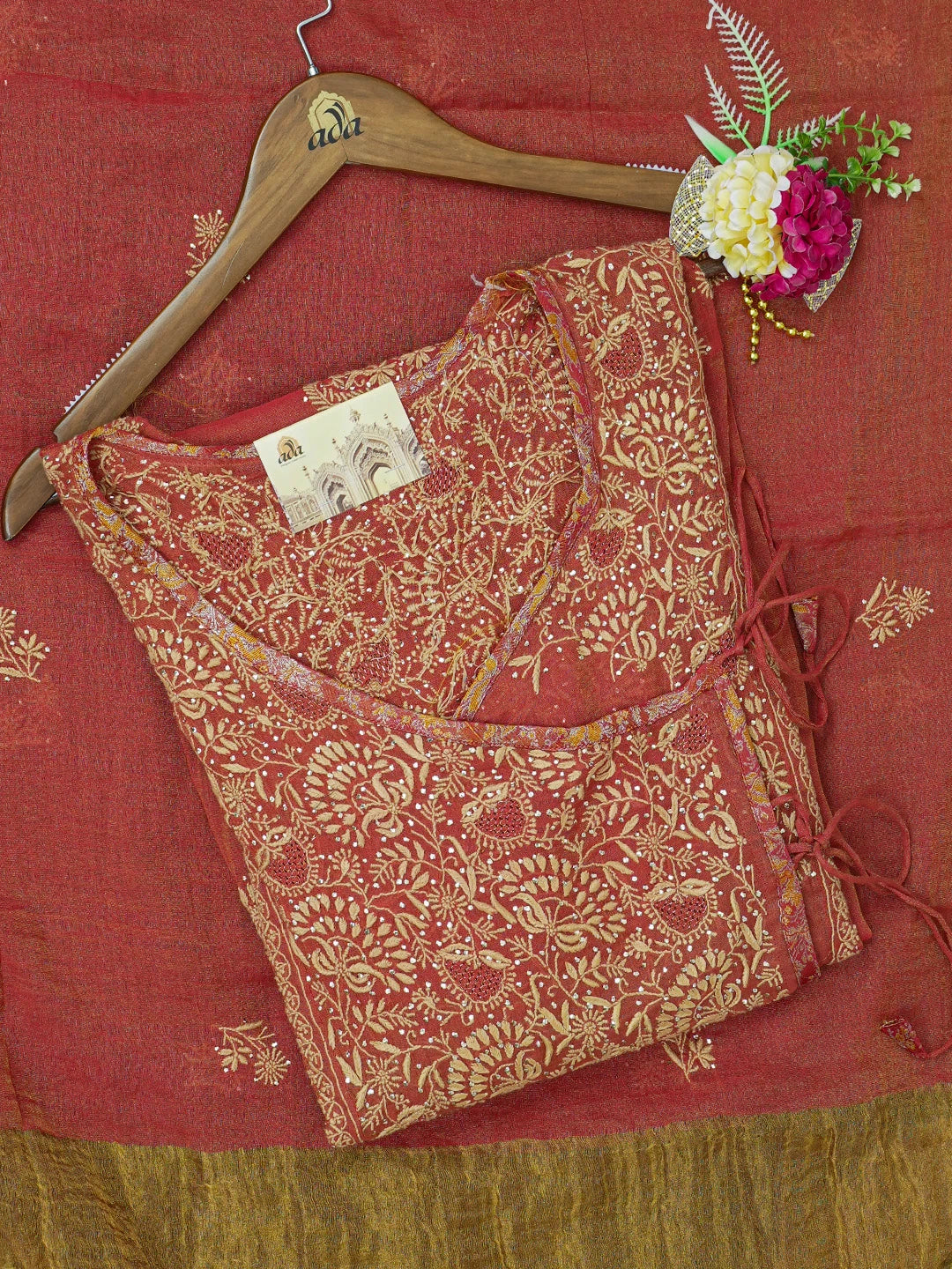 Ada Hand Embroidered Rust Tissue Lucknowi Chikankari Unstitched Kurta Dupatta Set With Muqaish Work 01A475091