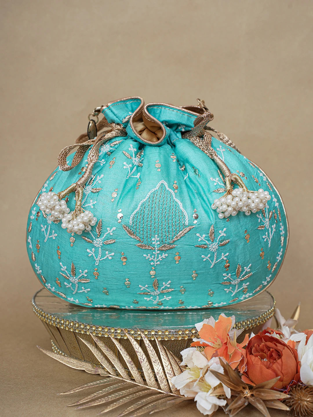 Ada Hand Embroidered Blue Silk Lucknowi Chikankari Potli Bag With Zari and Muqaish/Mukaish Work 01A626560