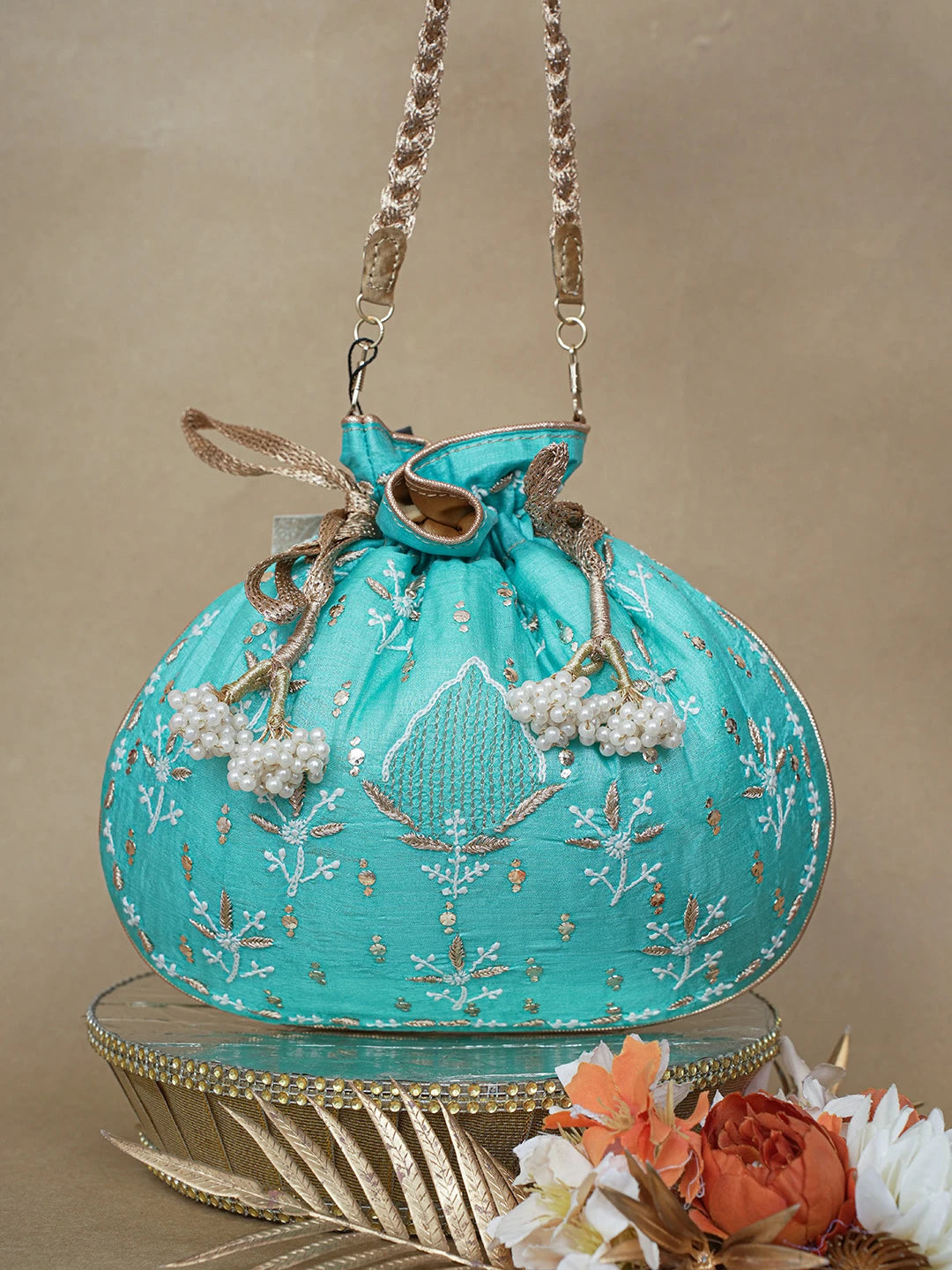 Ada Hand Embroidered Blue Silk Lucknowi Chikankari Potli Bag With Zari and Muqaish/Mukaish Work 01A626560