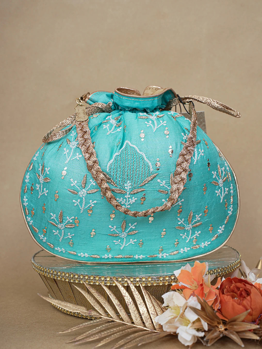 Ada Hand Embroidered Blue Silk Lucknowi Chikankari Potli Bag With Zari and Muqaish/Mukaish Work 01A626560