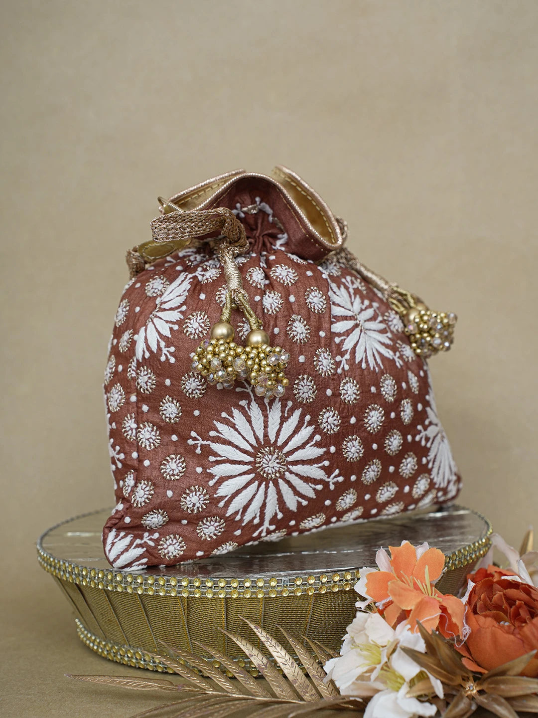 Ada Hand Embroidered Brown Silk Lucknowi Chikankari Potli Bag With Zari Work 01A621542