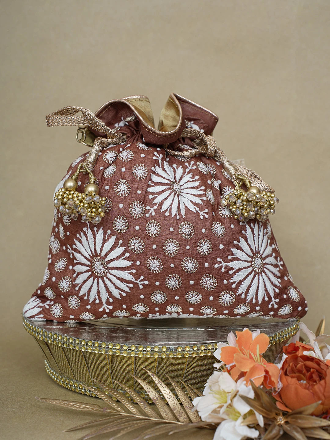 Ada Hand Embroidered Brown Silk Lucknowi Chikankari Potli Bag With Zari Work 01A621542