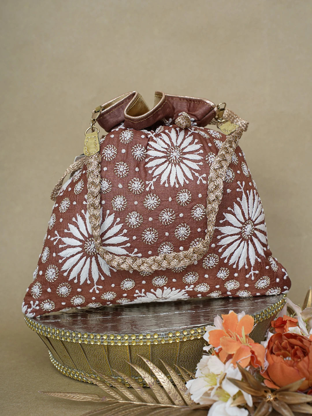 Ada Hand Embroidered Brown Silk Lucknowi Chikankari Potli Bag With Zari Work 01A621542