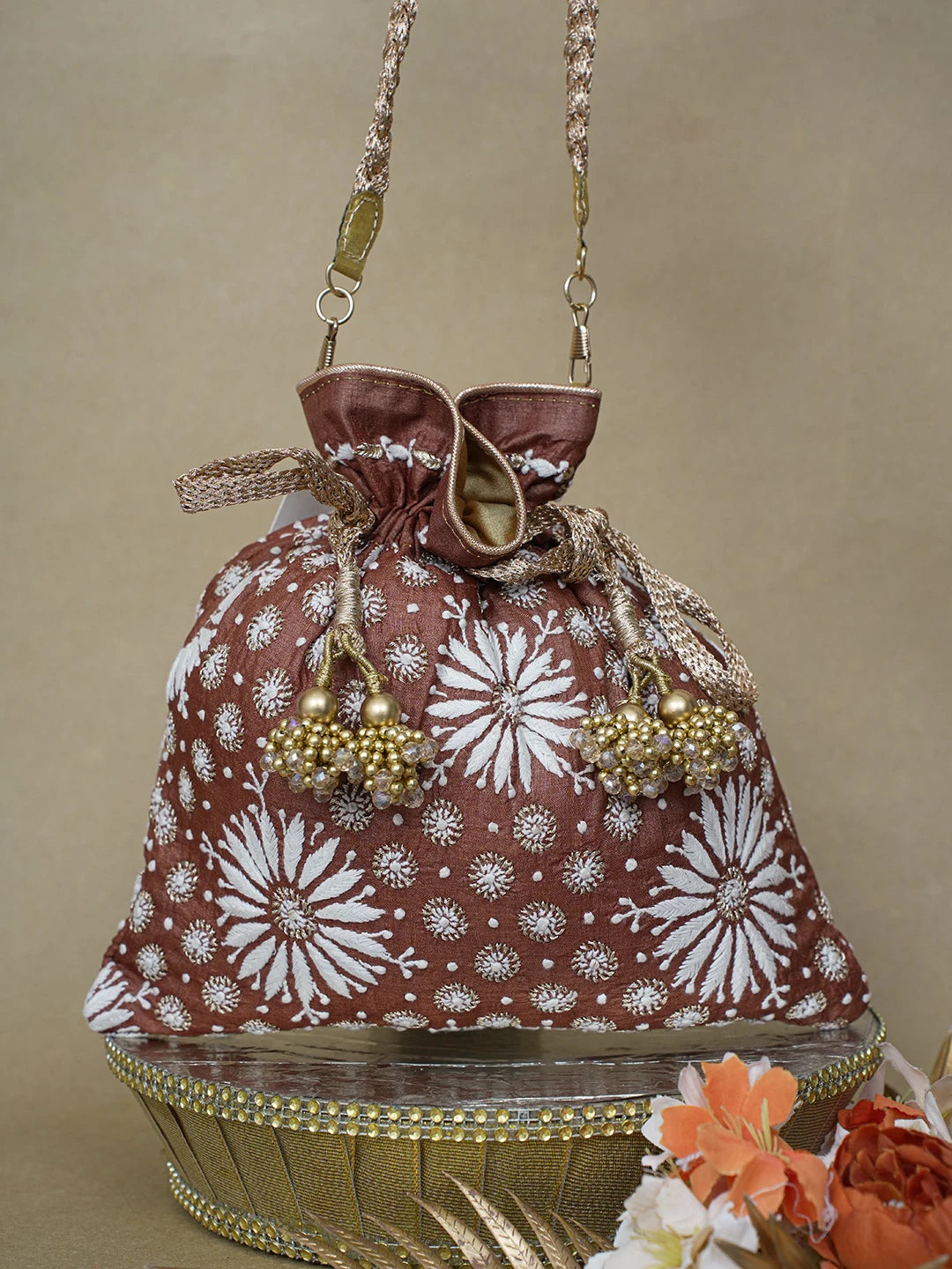 Ada Hand Embroidered Brown Silk Lucknowi Chikankari Potli Bag With Zari Work 01A621542