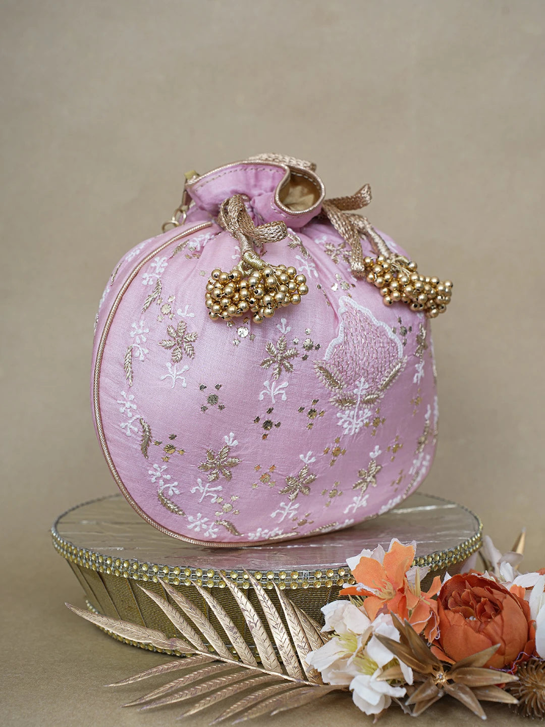 Ada Hand Embroidered Pink Silk Lucknowi Chikankari Potli Bag With Zari and Muqaish/Mukaish Work 01A621560