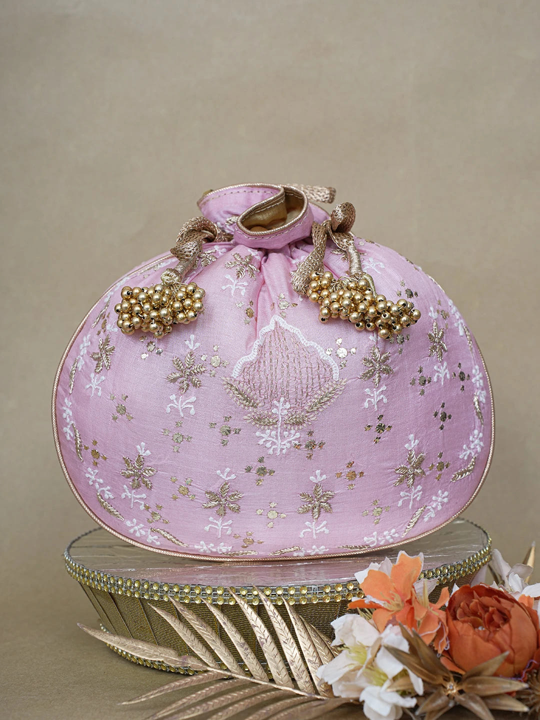 Ada Hand Embroidered Pink Silk Lucknowi Chikankari Potli Bag With Zari and Muqaish/Mukaish Work 01A621560