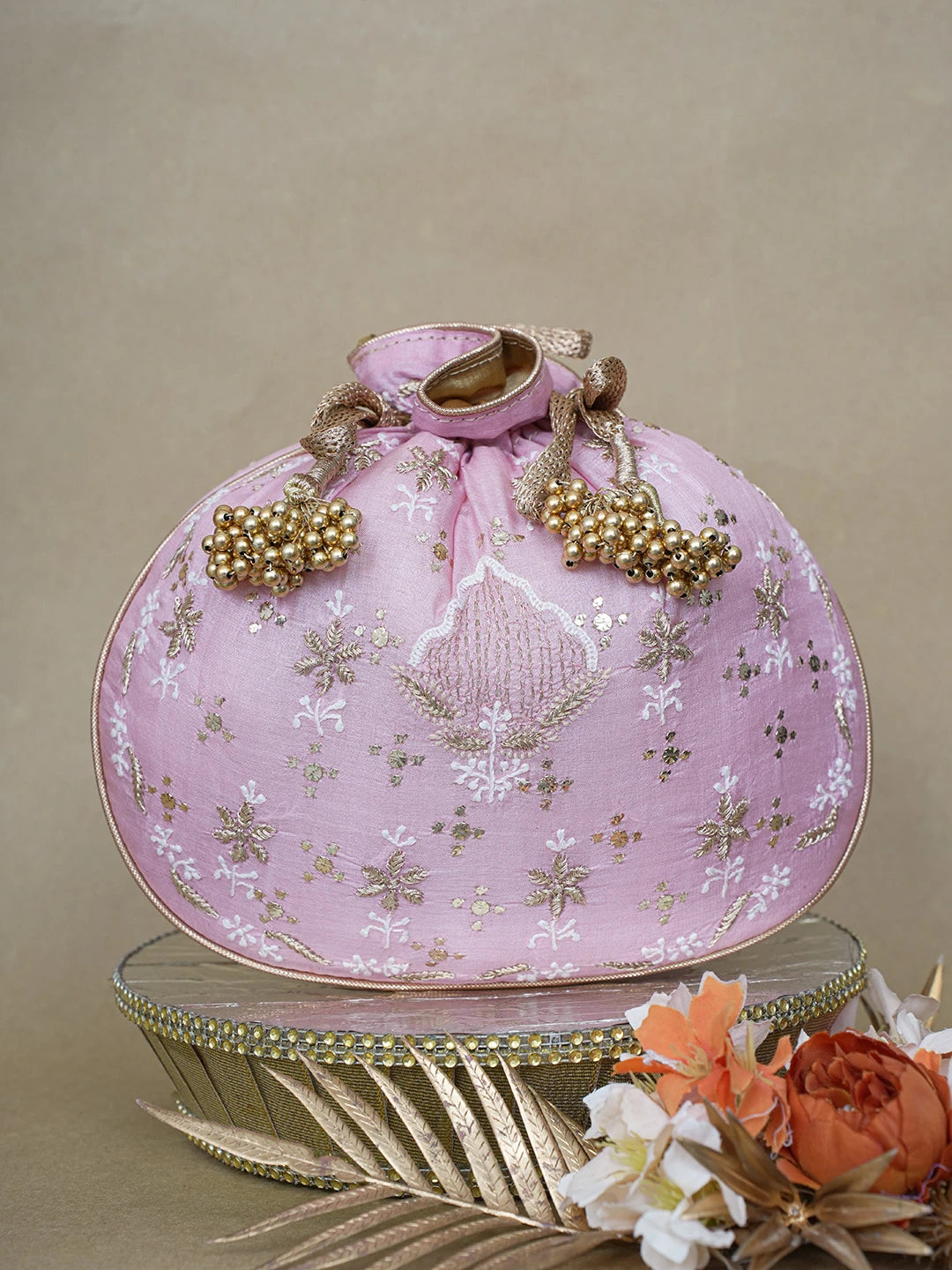 Ada Hand Embroidered Pink Silk Lucknowi Chikankari Potli Bag With Zari and Muqaish/Mukaish Work 01A621560