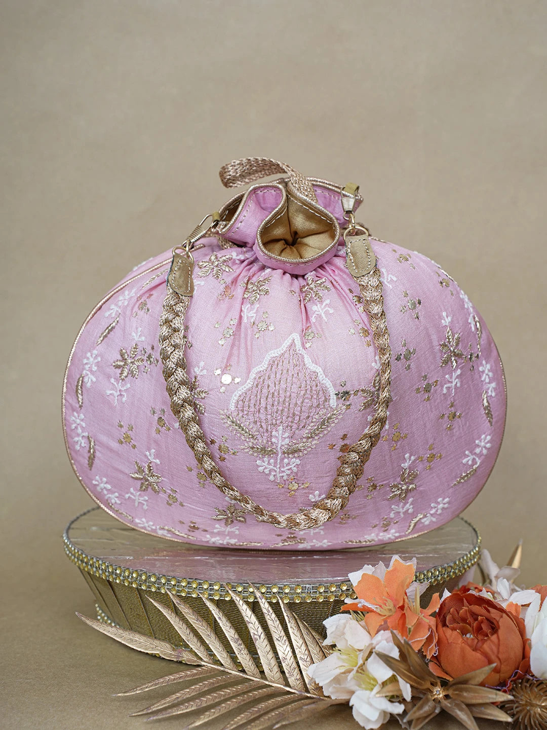 Ada Hand Embroidered Pink Silk Lucknowi Chikankari Potli Bag With Zari and Muqaish/Mukaish Work 01A621560