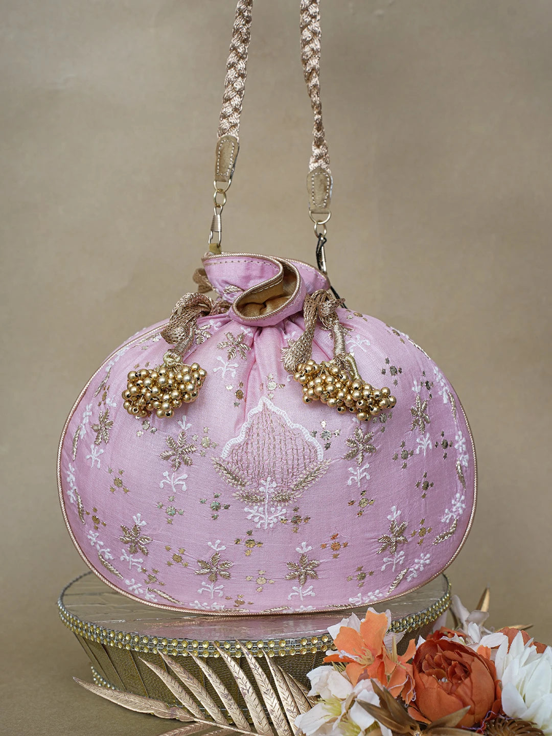 Ada Hand Embroidered Pink Silk Lucknowi Chikankari Potli Bag With Zari and Muqaish/Mukaish Work 01A621560