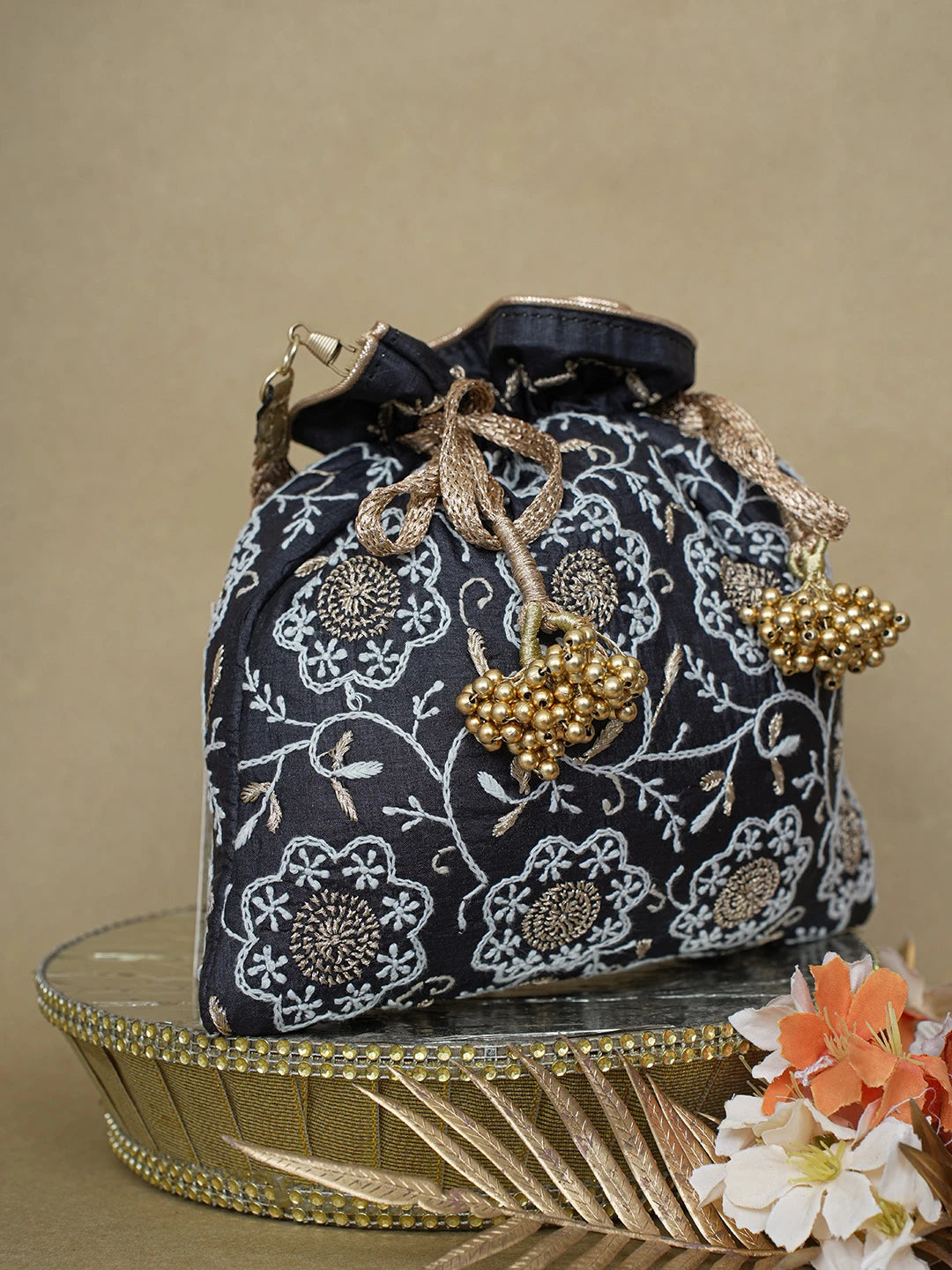 Ada Hand Embroidered Black Silk Lucknowi Chikankari Potli Bag With Zari Work 01A626572