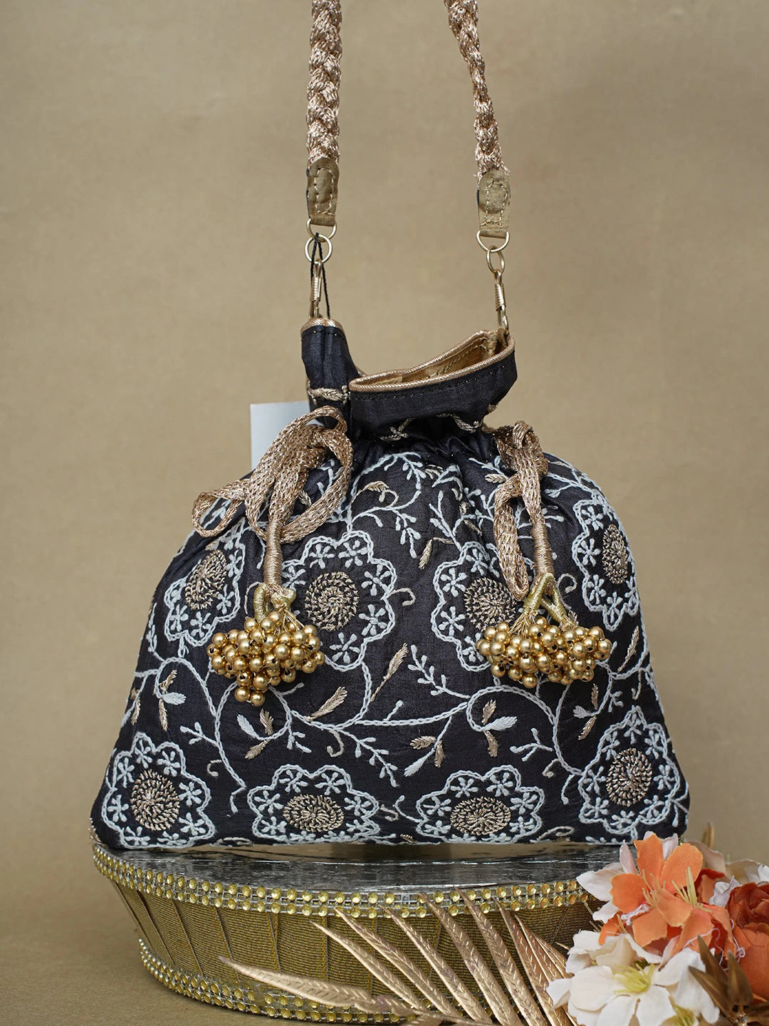 Ada Hand Embroidered Black Silk Lucknowi Chikankari Potli Bag With Zari Work 01A626572