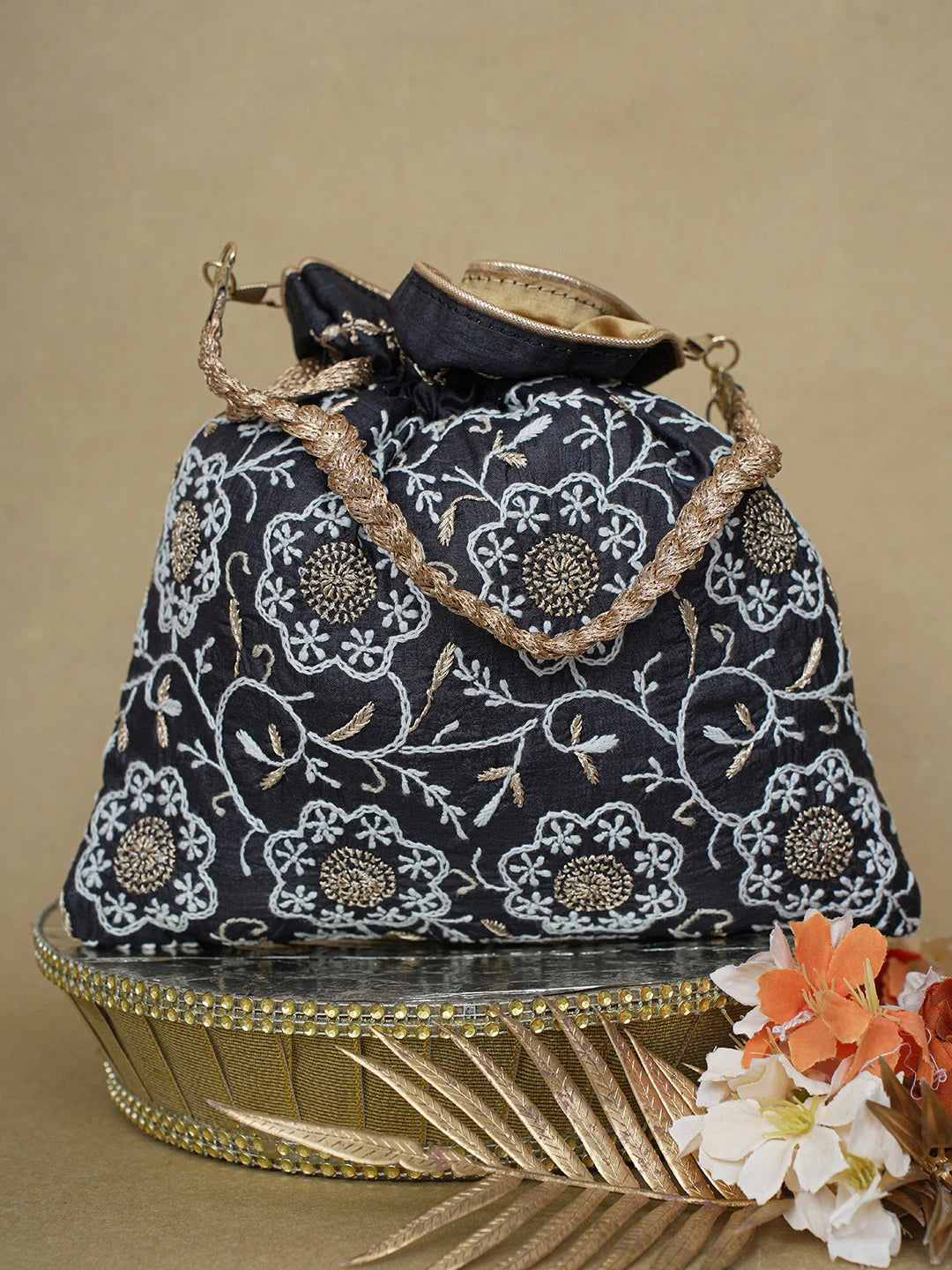 Ada Hand Embroidered Black Silk Lucknowi Chikankari Potli Bag With Zari Work 01A626572