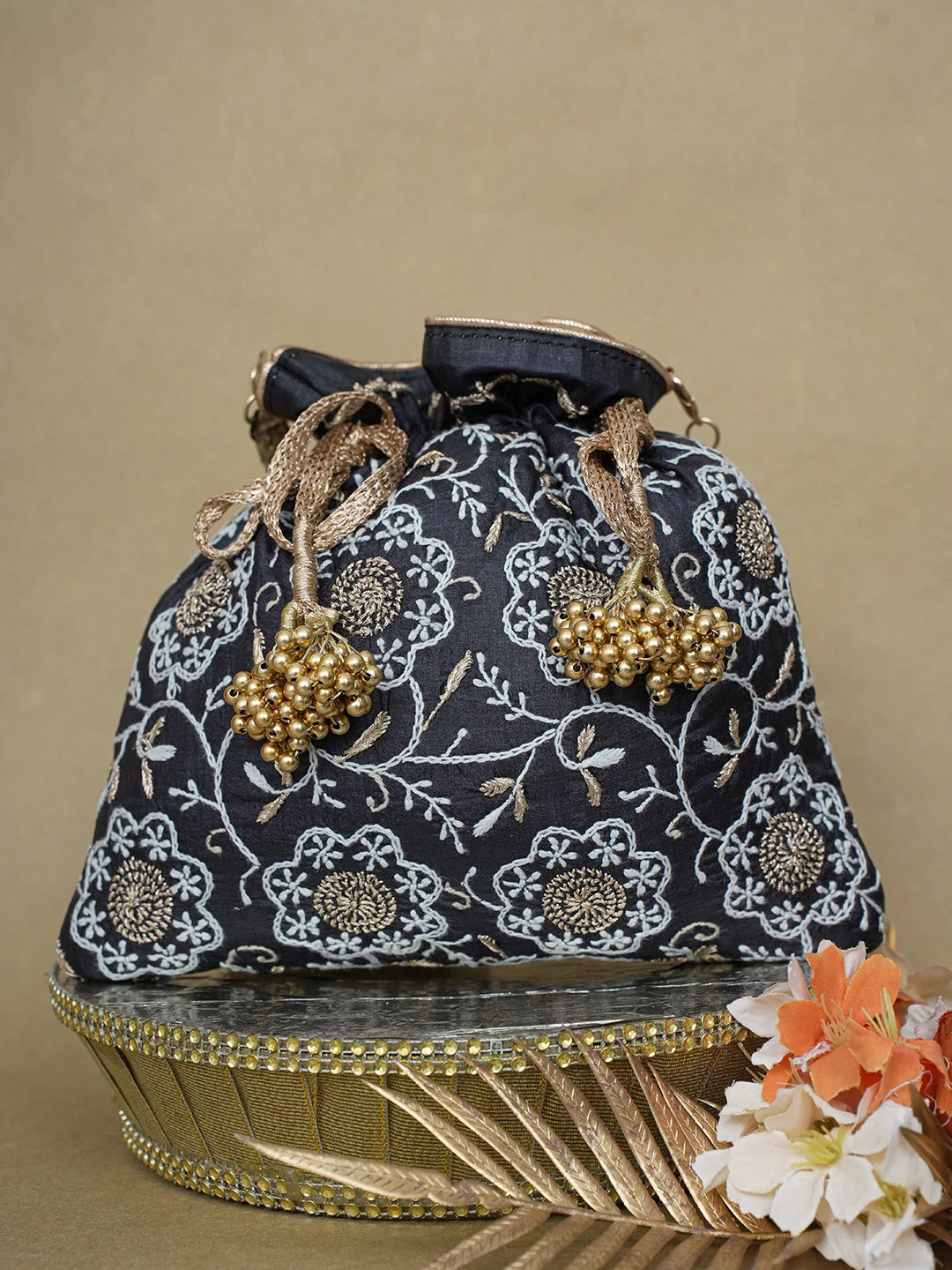 Ada Hand Embroidered Black Silk Lucknowi Chikankari Potli Bag With Zari Work 01A626572