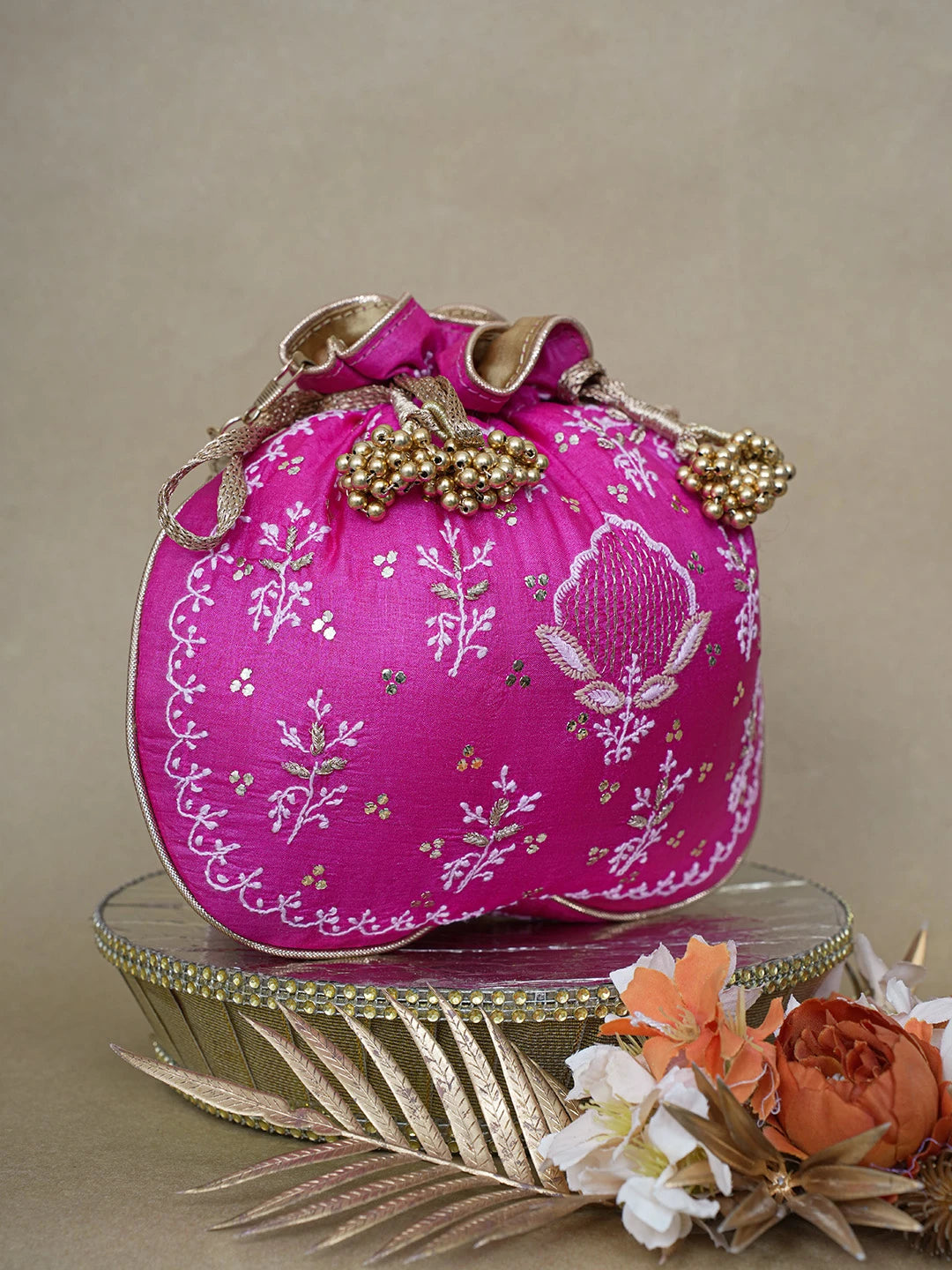 Ada Hand Embroidered Magenta Lucknowi Chikankari Potli Bag With Zari and Muqaish/Mukaish Work 01A626561