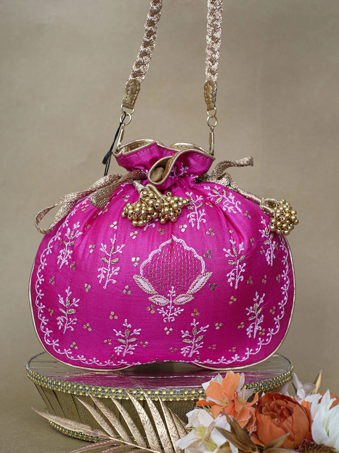 Ada Hand Embroidered Magenta Lucknowi Chikankari Potli Bag With Zari and Muqaish/Mukaish Work 01A626561